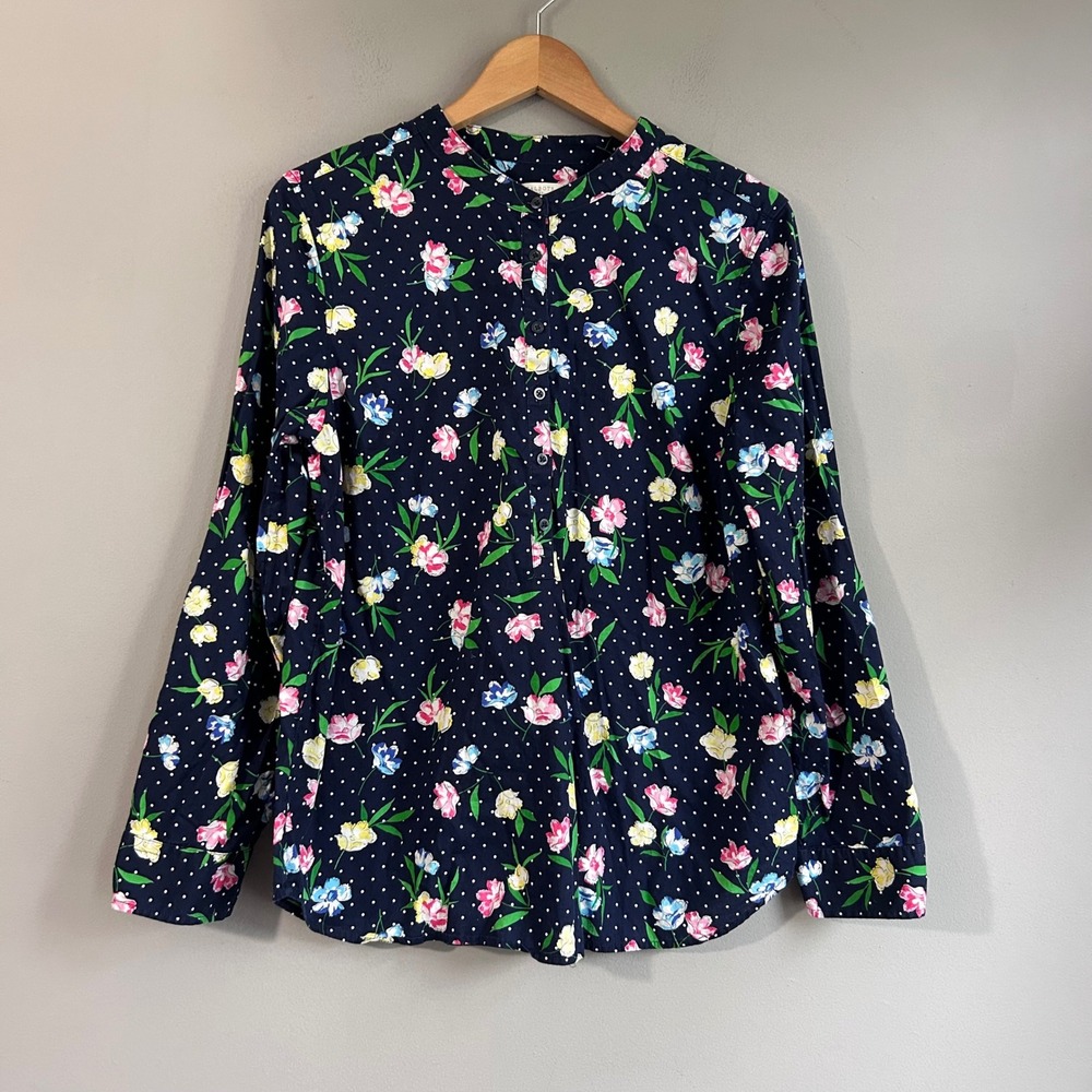 Talbots Navy Floral Polka Dot Cotton Mandarin Collar Blouse Womens Large L